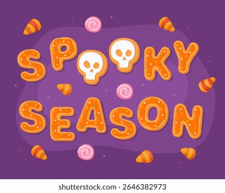 Saison effrayante. Carte de voeux Halloween, pains d'épices orange Halloween sur fond violet. Bonbons d'Halloween, bonbons au maïs, biscuits en forme de crâne, biscuits en forme de lettre.