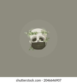 Spooky season, halloween skull in the mask and bones. Covid and Halloween. Coronavirus epidemic. Cheerful skeleton. Skull in a wreath of microbes. Face mask with a smile
