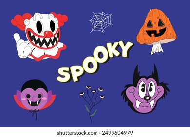 Spooky season illustration. Halloween vector icon set. Happy Halloween day. Creepy fictional characters. A vampire, a devil and creepy clown. Vector flat spooky characters