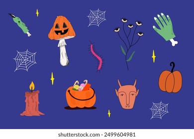 Espeluznante ilustración de temporada. Conjunto de iconos de Vector de Halloween. Feliz Halloween. Personajes ficticios espeluznantes. Un vampiro, un diablo y un payaso espeluznante. Vector flat personajes espeluznantes