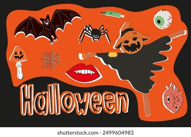 Espeluznante ilustración de temporada. Conjunto de iconos de Vector de Halloween. Feliz Halloween. Personajes ficticios espeluznantes. Un vampiro, un diablo y un payaso espeluznante. Vector flat personajes espeluznantes