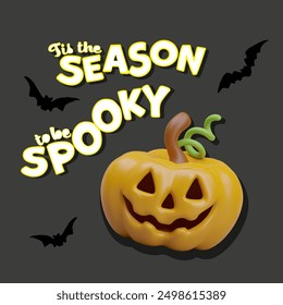 Spooky season illustration. Happy Halloween day. Halloween 3D vector pumpkin, bats and green zombie hands. Halloween theme banner