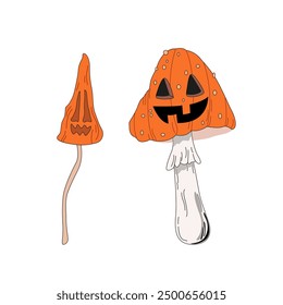 Spooky season illustration. Happy Halloween day. Vector creepy fly agaric character. Hippie psychedelic weird fly agaric