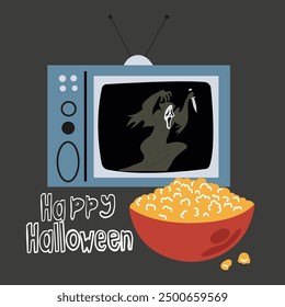 Unheimliche Illustration zur Jahreszeit. Frohes Halloween. Gruseliger Film. Vektorgrafik im flachen Stil zum Thema Horrorfilme, Halloween-Filme. Retro TV und ein großer Teller Popcorn