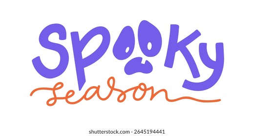 Spooky season lettering phrase with scared faced inside. Hand-drawn vector text for card, web banner, or print. Halloween handwritten typography isolated on white background.