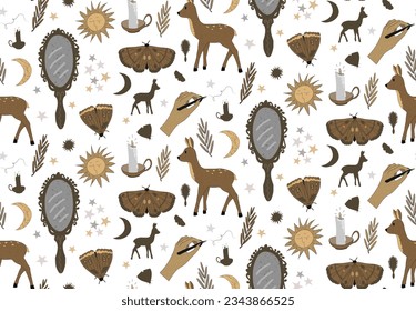 Spooky season repeat pattern of brown magic elements on white background. Stylish witchcraft vector design for Halloween.  svg