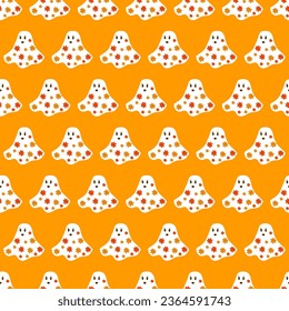 Spooky season seamless pattern. Retro ghost with flowers, orange background. Vibrant color kids texture. Pajamas, outfit, shirt, bedclothing, wrapping paper, wallpaper, packaging repeating motif