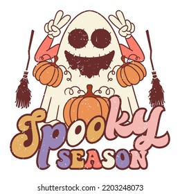 Spooky Season with Smile Ghost, Cute Retro Halloween Design, Retro Halloween Poster.