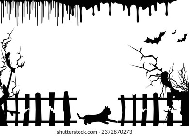 Fondo de silueta espeluznante, árboles, murciélagos y vallas de casa adecuadas para el fondo de Halloween en octubre ilustración vectorial