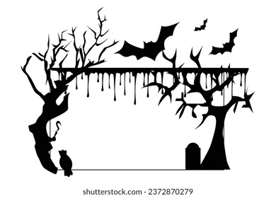 Spooky silhouette background, trees, bats and house fences suitable for Halloween background in October vector illustration