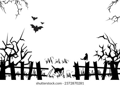 Spooky silhouette background, trees, bats and house fences suitable for Halloween background in October vector illustration