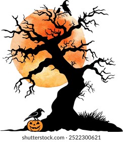 Spooky Silhouette of a Bare Tree With Crows, a Witch's Hat, and a Jack-o'-lantern Against a Glowing Orange Full Moon, Perfect for Halloween-themed Designs or Decorations.