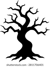 Spooky silhouette of a bare, twisted tree with gnarled branches, depicting an eerie and haunting presence. Perfect for halloween, horror stories, and creating a mysterious, desolate atmosphere.
