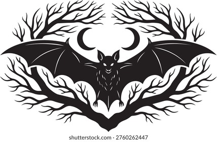 Spooky silhouette design featuring a flying bat with crescent moons, framed by intricate bare tree branches, perfect for Halloween themes, gothic decor, or mystical nature illustrations.