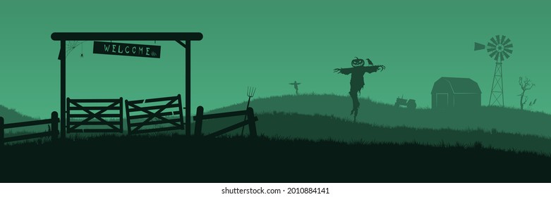 Spooky silhouette farm for Halloween decorations, flat illustration vector.