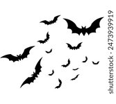 Spooky silhouette of a flock of bats flying across a starry night sky.