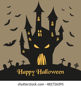 Spooky silhouette of Halloween castle and bats for halloween invitation card or halloween party poster. Vector illustration.