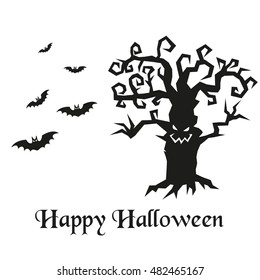 Spooky silhouette of Halloween tree and bats. Vector illustration.