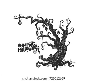 Spooky silhouette of Halloween tree - vector illustration.