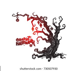 Spooky silhouette of Halloween tree - vector illustration.