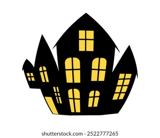 A spooky silhouette of a haunted house with yellow glowing windows. Ghostly house on All Hallows Eve for Halloween design. Perfect for use in party invitations, decorations, or themed event flyers.