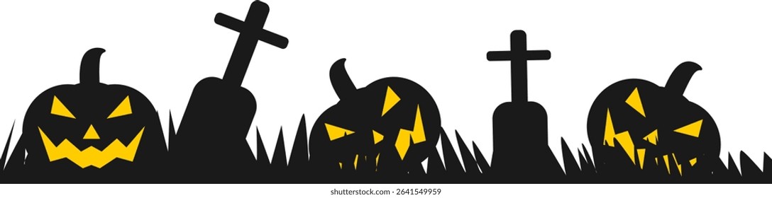 A spooky silhouette scene featuring gravestones and jack-o'-lanterns. Perfect for Halloween flyers, party invitations, and festive designs.