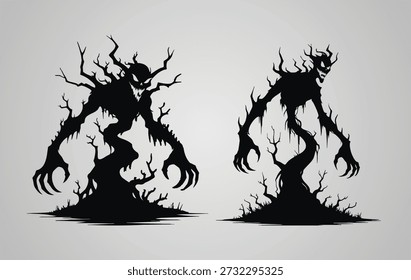 Spooky Silhouette Tree Monster Creature Standing with Different Pose Illustration
