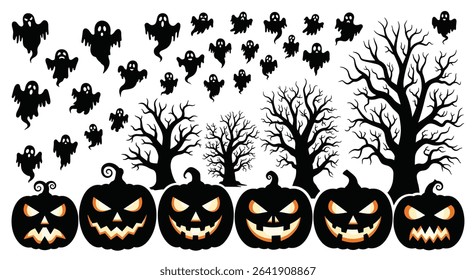 Spooky Silhouettes A Halloween Night Scene with Pumpkins Ghosts and Bare Trees