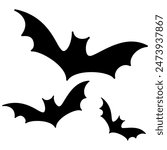 Spooky silhouettes of three bats flying in a circle on a white background.