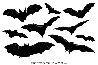 Spooky simple traditional horror Halloween vector symbols silhouettes of scary black creepy evil bats set flittermouse night creatures character flock pattern group fly isolated on white background.