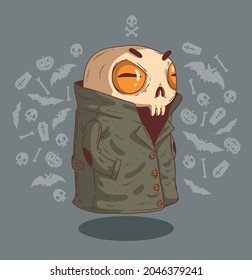 Spooky sinister skeleton in the raincoat against a background of Halloween symbols	
