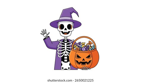 Spooky skeleton character offering halloween candy in a jack o lantern pail