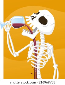 Spooky skeleton drinking wine cartoon illustration