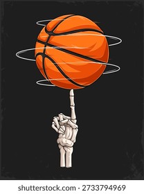Mão de esqueleto assustador girando uma bola de basquete brilhante, para aros de faculdade de eventos ousados March Madness, projetos de torneio de alta qualidade.