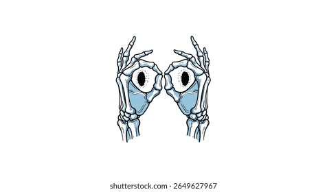 Spooky skeleton hands holding eyeballs like binoculars for a halloween costume party
