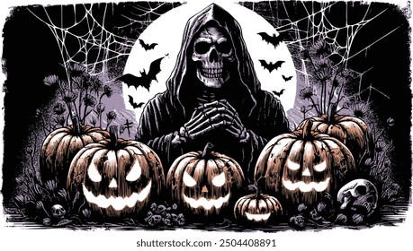 Spooky skeleton in an old torn hooded robe among Halloween pumpkins: vintage woodcut engraving, eerie light, fog, spider webs, glowing eyes, fallen leaves, roots