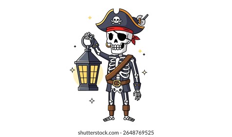 A spooky skeleton pirate carries a glowing lantern through the night searching for treasure