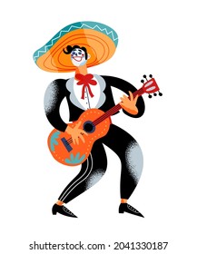 Spooky skeleton in sombrero singing and playing guitar traditional Mexican holiday Day of the dead, Dia de los muertos vector flat illustration. Hand drawn ethnic Latino musical costume party isolated