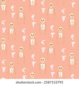 Spooky skeleton troop giving Halloween vibes in a color palette of off white and orange on a pastel peach background. A seamless vector pattern. Great for home decor, fabric, wallpaper, gift wrap.