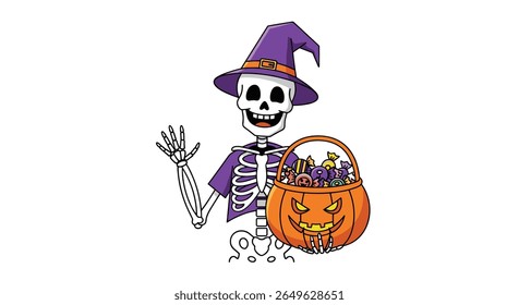 Spooky skeleton waving friendly hello holding a trick or treat candy bucket