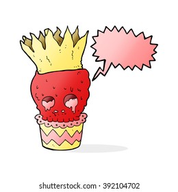 spooky skull cupcake cartoon with speech bubble