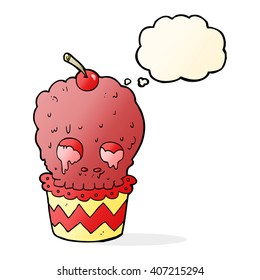 spooky skull cupcake cartoon with thought bubble