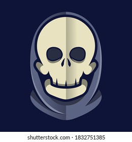 Spooky skull face mask with dark grey hood on dark background