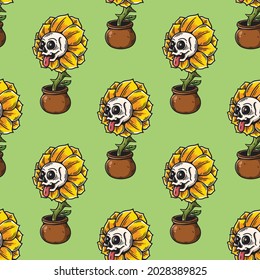 spooky skull face sunflower seamless pattern