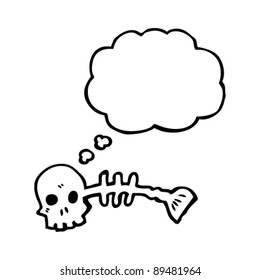 spooky skull fish bones cartoon with thought bubble