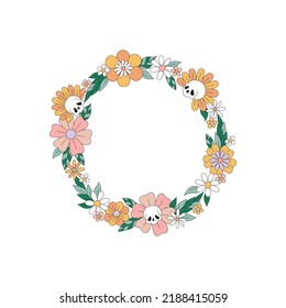 Spooky skull flower daisy wreath vector illustration isolated on white. Retro 60s 70s round frame. Boho hippie groovy floral arrangement for Halloween.