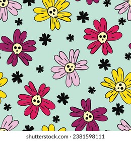 Spooky skull flowers vector seamless pattern design