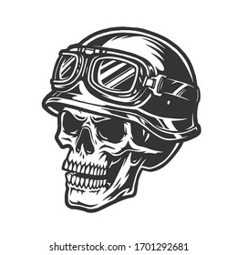 Spooky skull in motorcycle helmet and goggles in vintage monochrome style isolated vector illustration