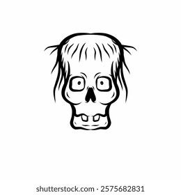 Spooky skull vector with messy hair in black and white line art style