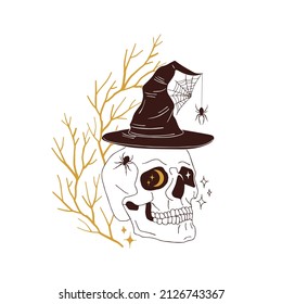 Spooky skull in witch hat with spiders and cobweb vector illustration isolated on white. Mystical Halloween print for postcard or tee shirt design.
